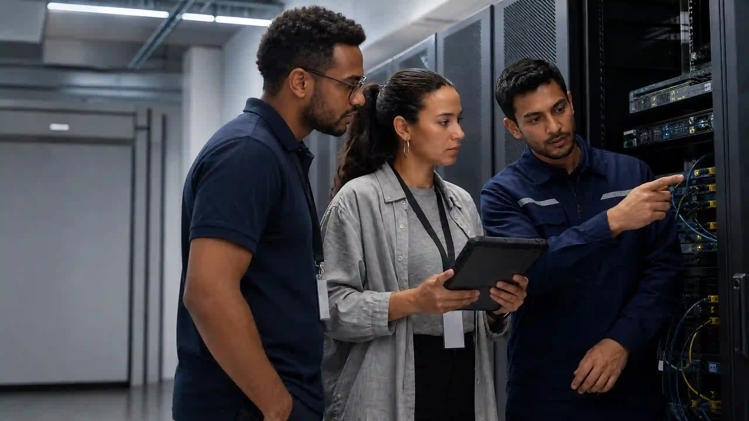 Três especialistas em rede analisando as portas de um switch em um rack aberto
